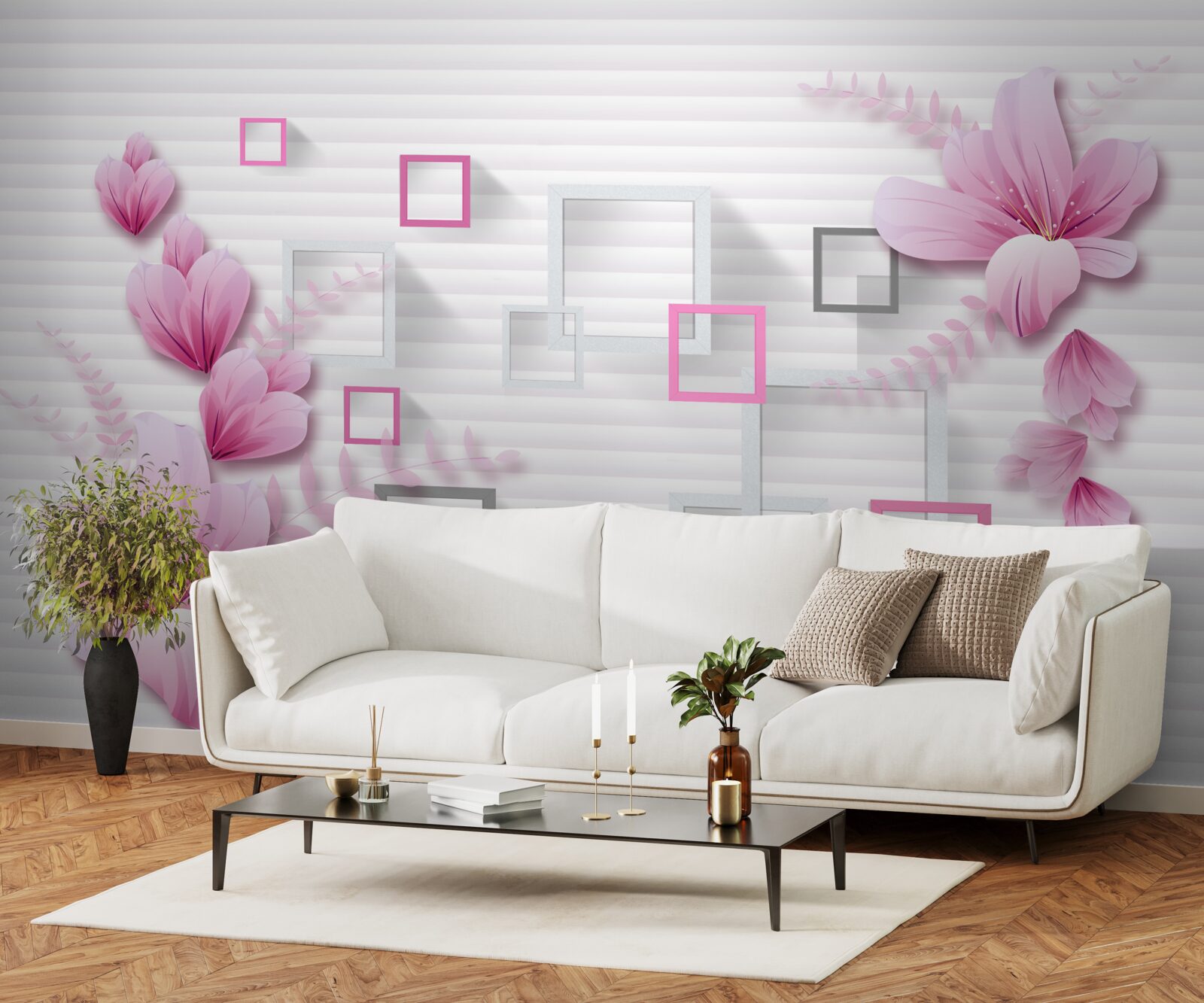 Fotobehang vierkanten en lila bloemen op sneeuwwitte baksteen