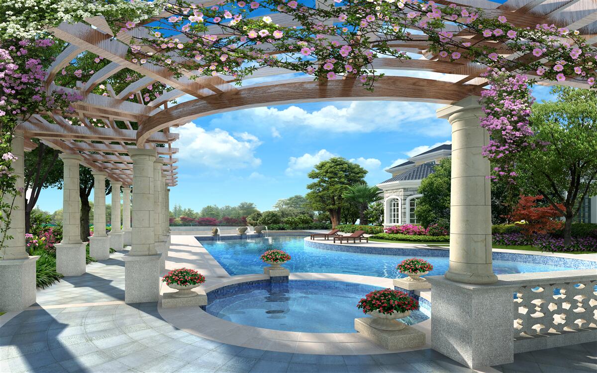 Fotobehang zwembad met boog bij het huis