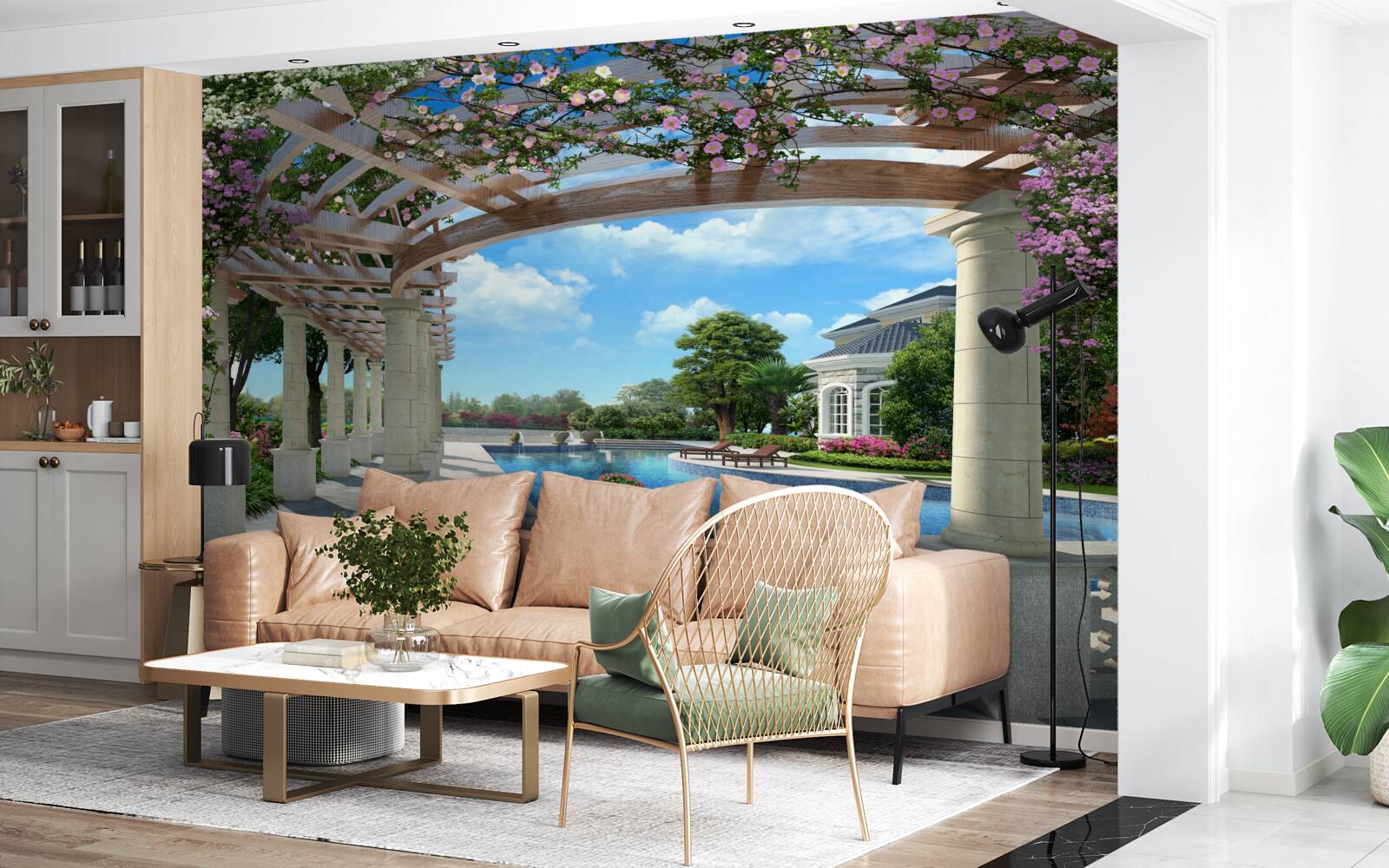 Fotobehang zwembad met boog bij het huis