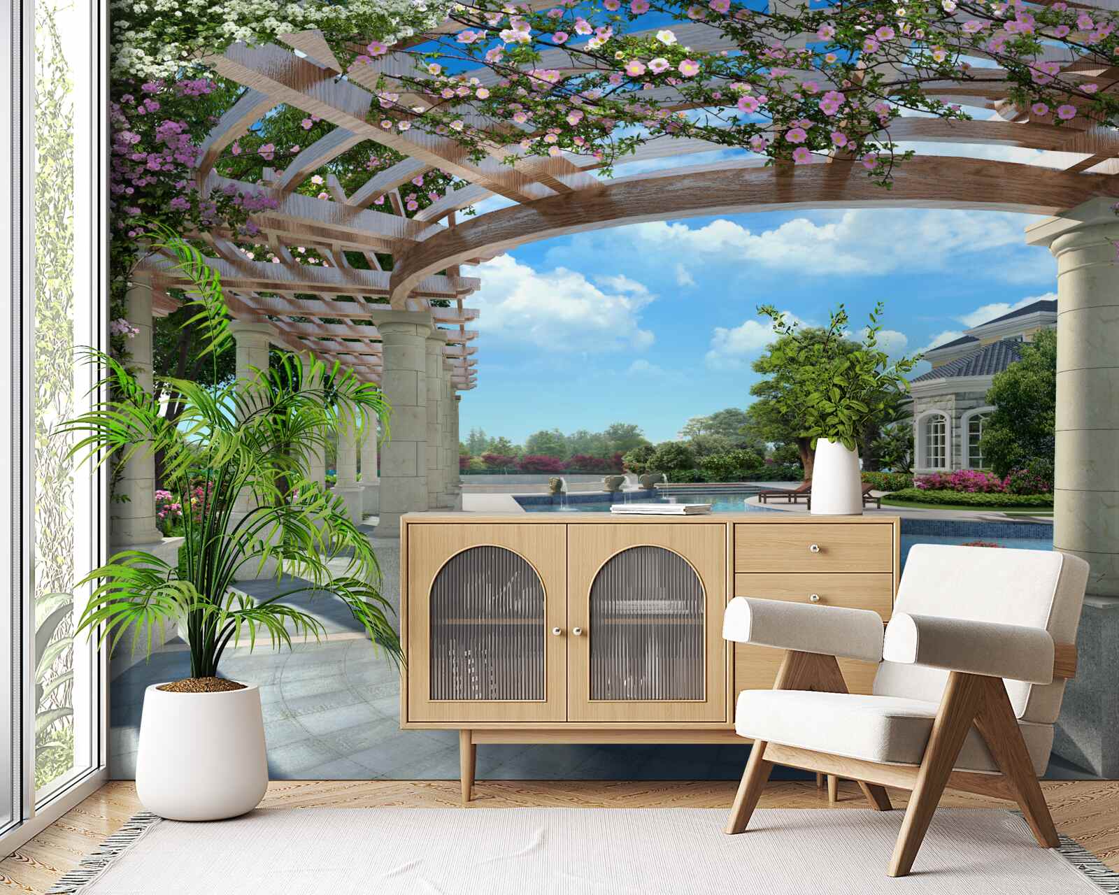 Fotobehang zwembad met boog bij het huis