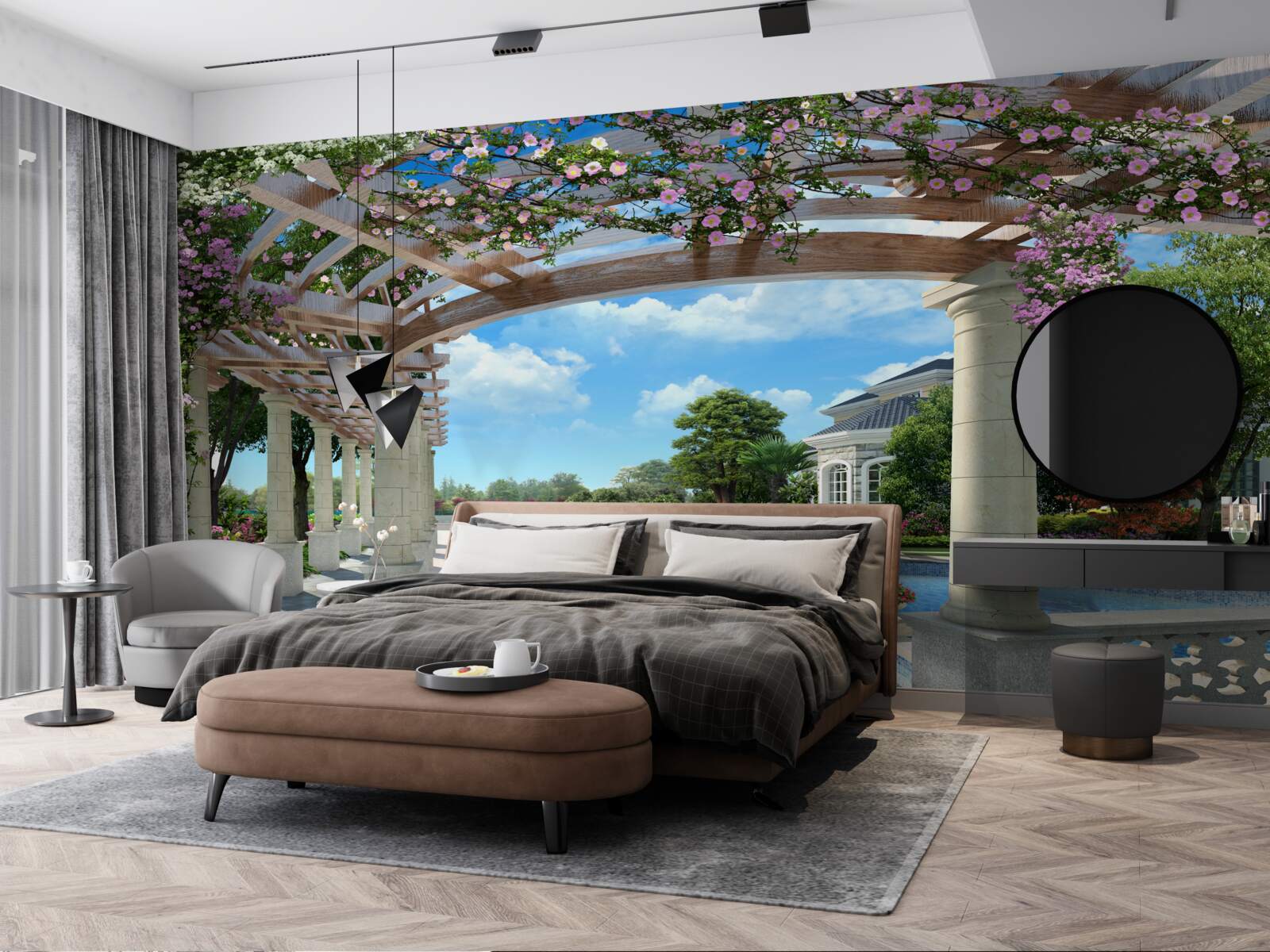 Fotobehang zwembad met boog bij het huis