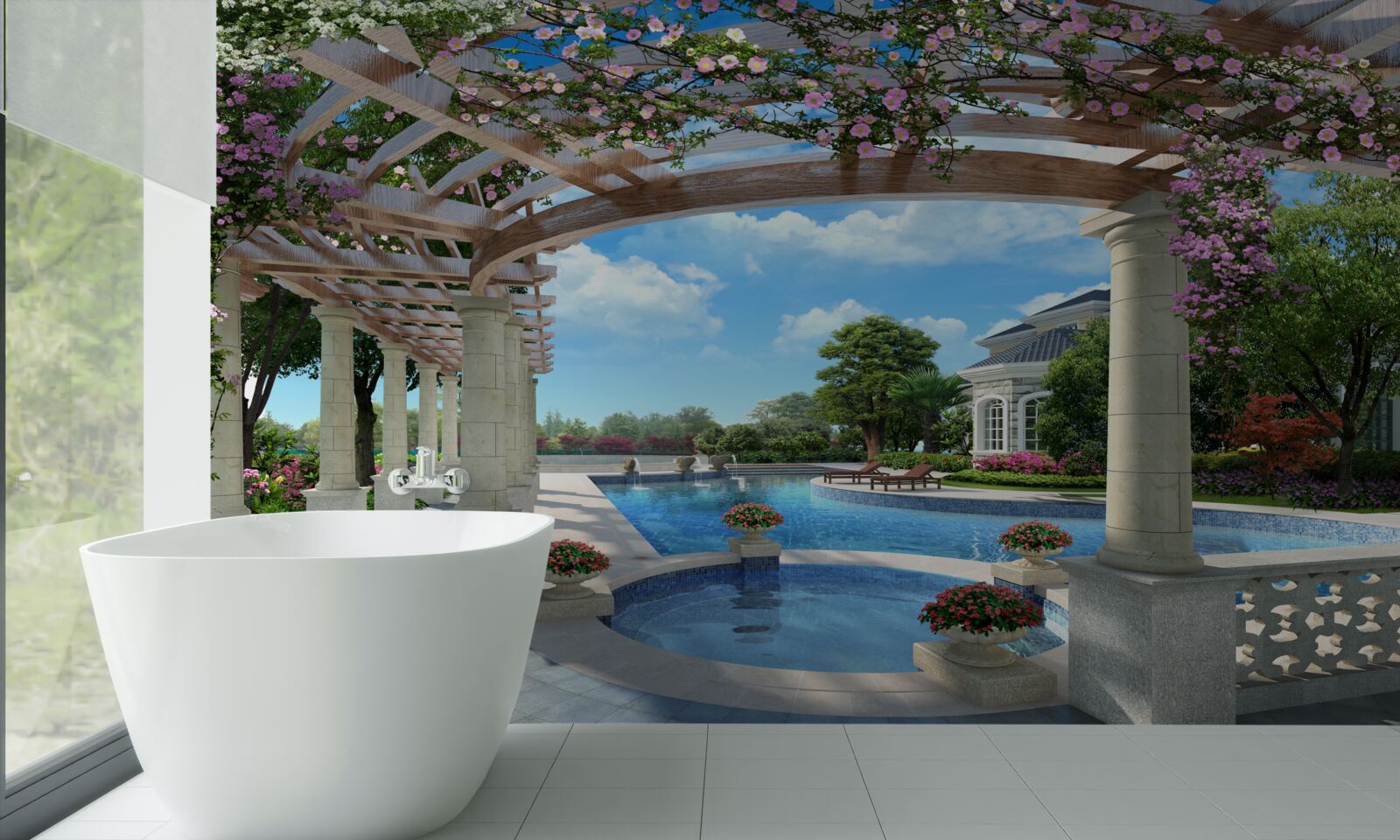 Fotobehang zwembad met boog bij het huis