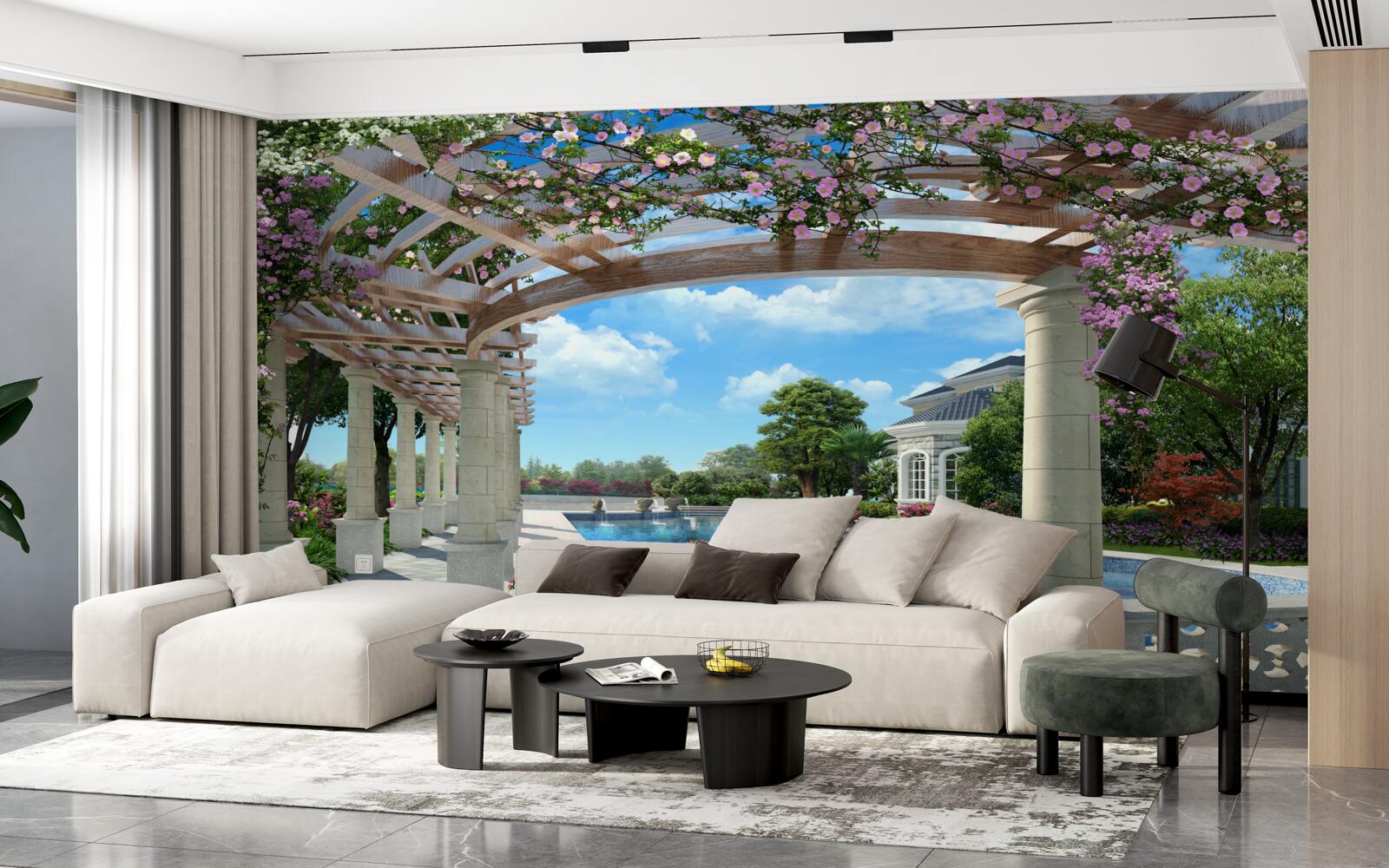 Fotobehang zwembad met boog bij het huis