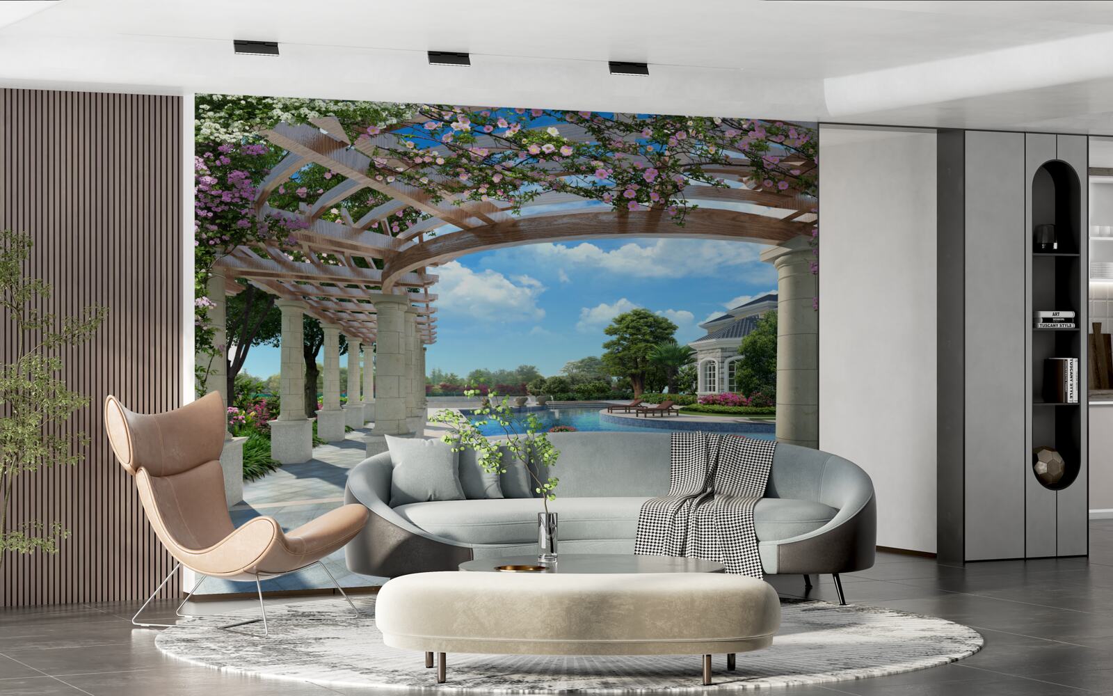 Fotobehang zwembad met boog bij het huis