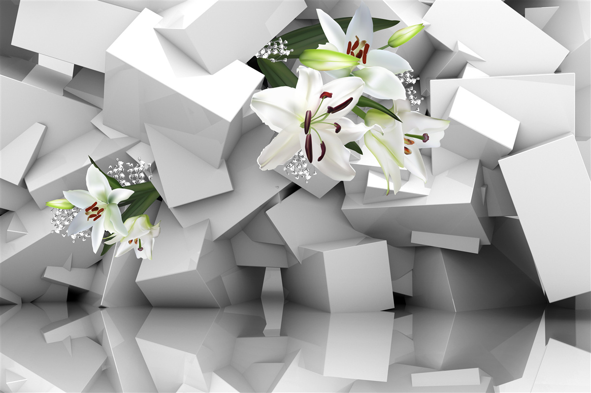 Fotobehang geometrische achtergrond versierd met witte lelie knoppen