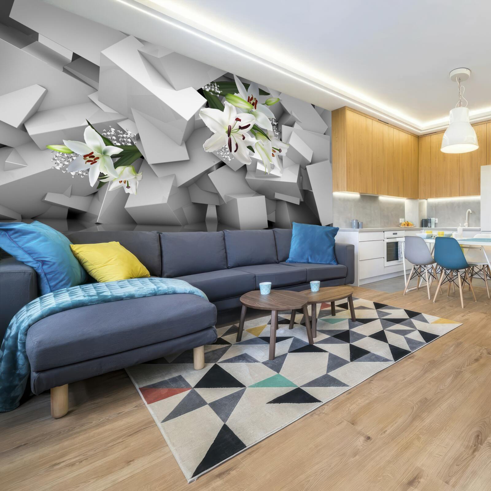 Fotobehang geometrische achtergrond versierd met witte lelie knoppen