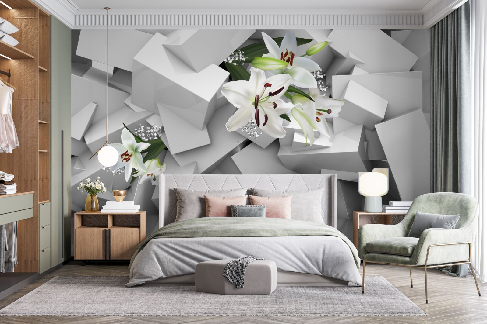 Fotobehang geometrische achtergrond versierd met witte lelie knoppen