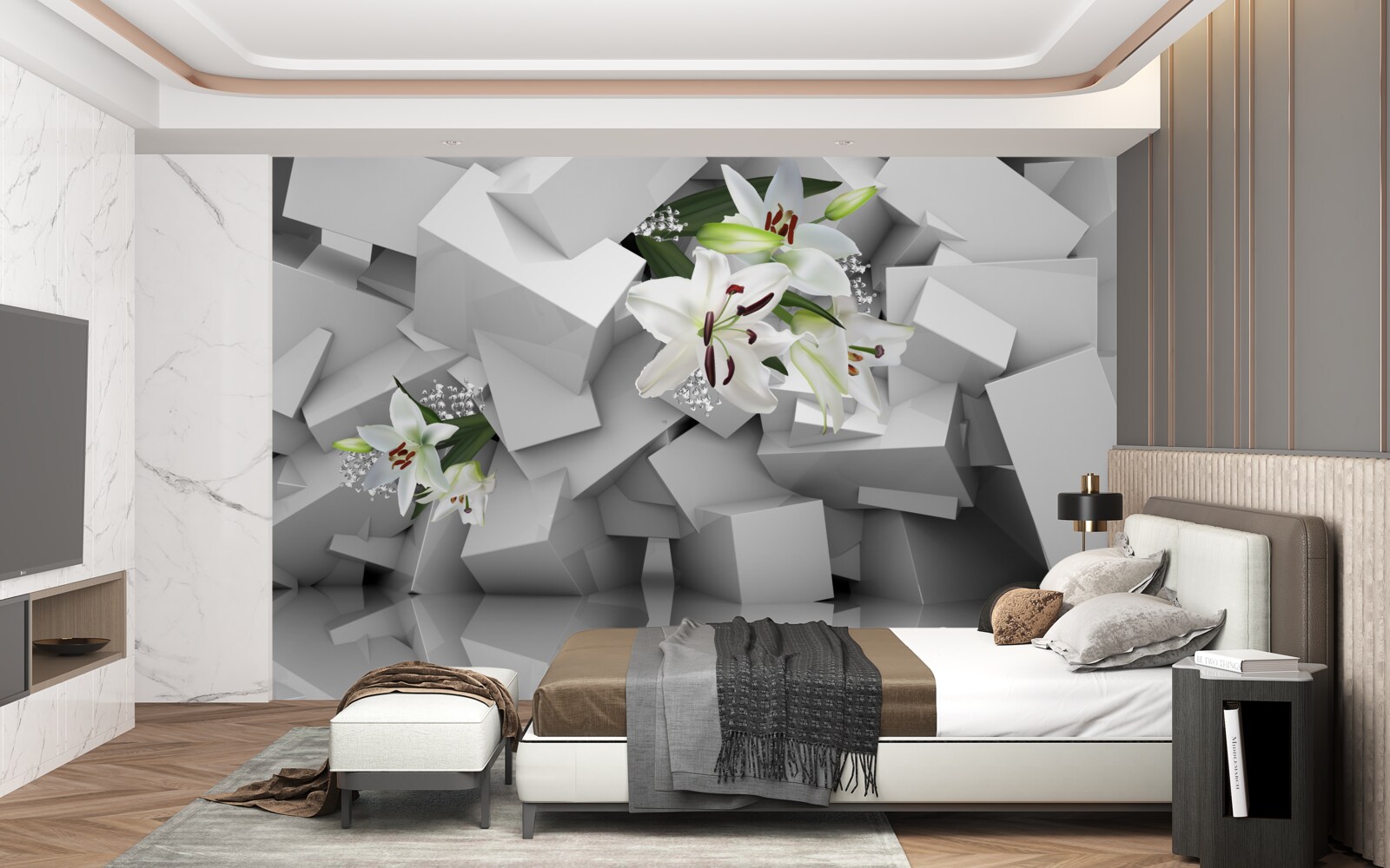 Fotobehang geometrische achtergrond versierd met witte lelie knoppen