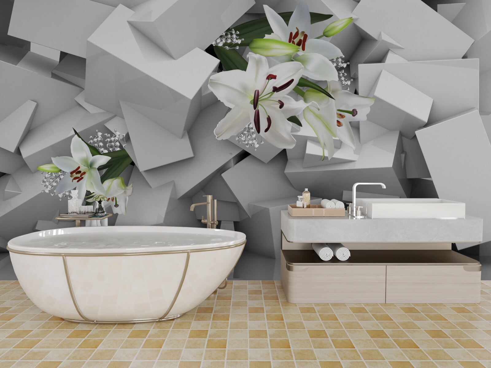 Fotobehang geometrische achtergrond versierd met witte lelie knoppen