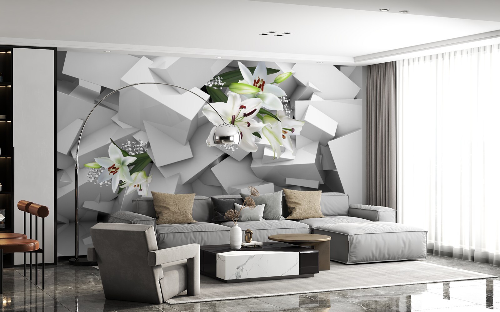 Fotobehang geometrische achtergrond versierd met witte lelie knoppen