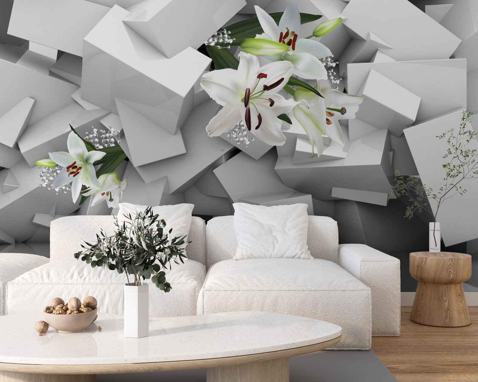 Fotobehang geometrische achtergrond versierd met witte lelie knoppen