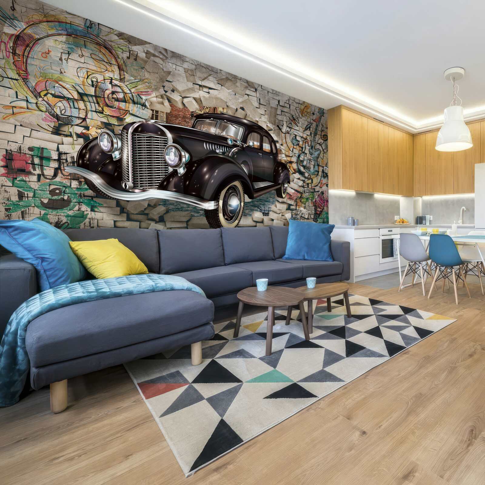 Fotobehang een zwarte auto uit het verleden