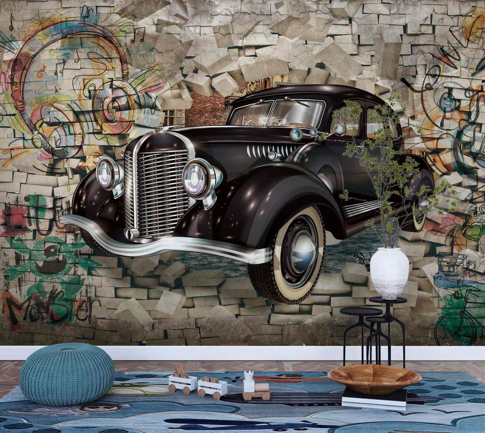 Fotobehang een zwarte auto uit het verleden