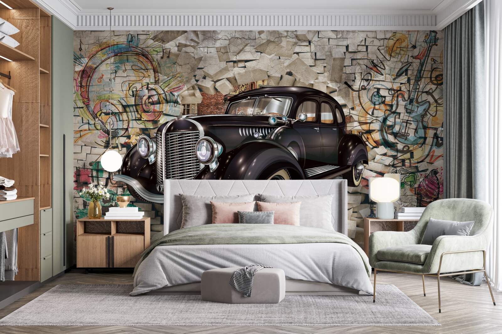 Fotobehang een zwarte auto uit het verleden