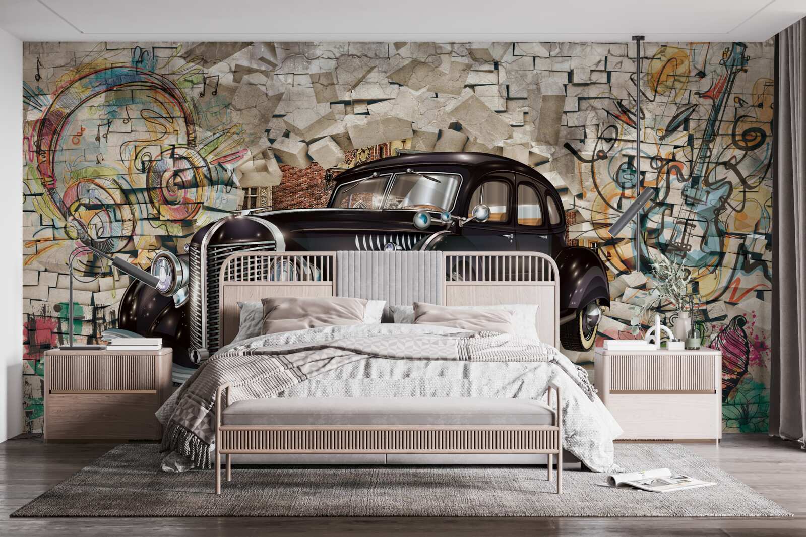 Fotobehang een zwarte auto uit het verleden