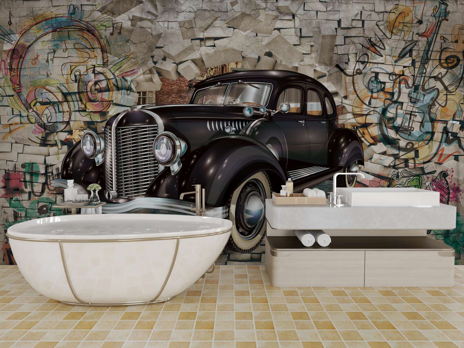 Fotobehang een zwarte auto uit het verleden