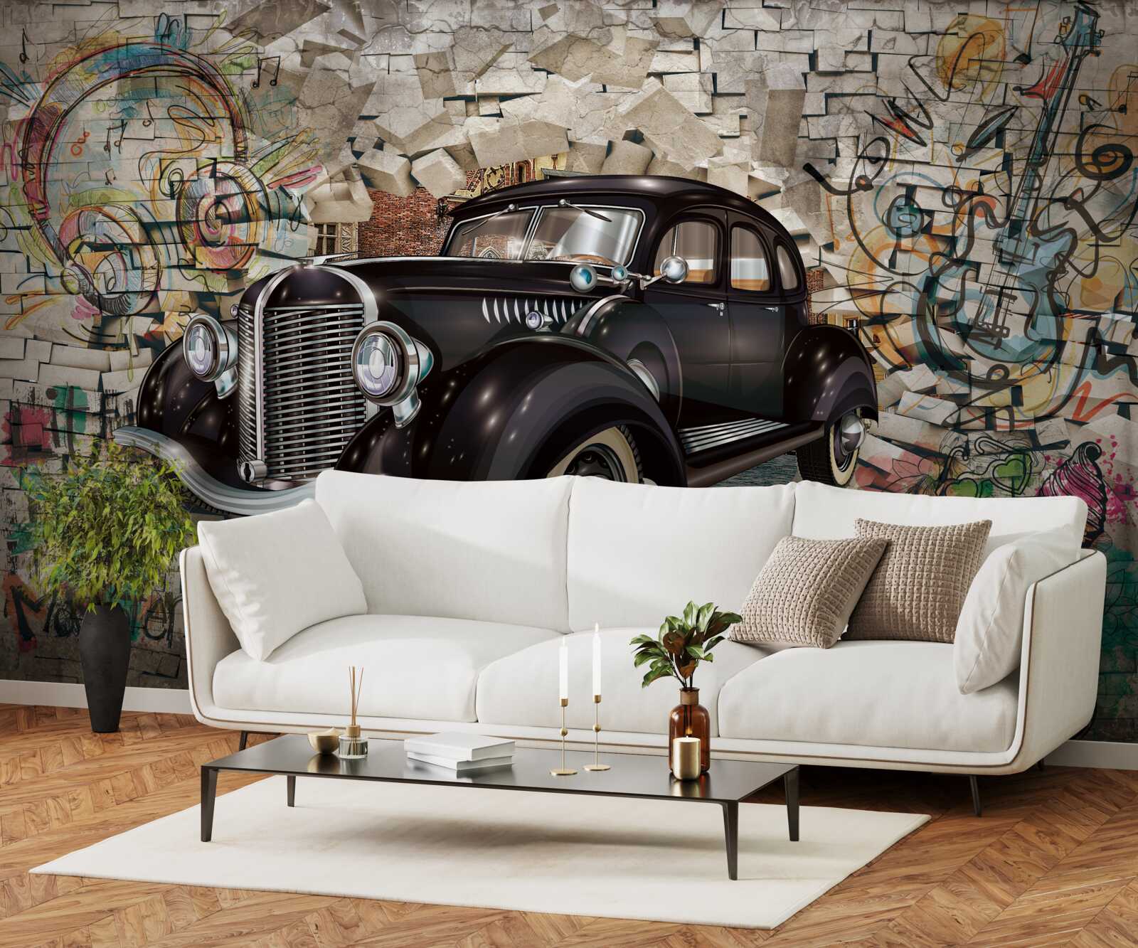 Fotobehang een zwarte auto uit het verleden