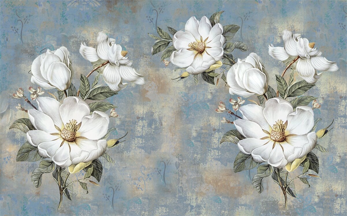 Fotobehang Sneeuwwitte bloemen op een beschilderde betonnen muur