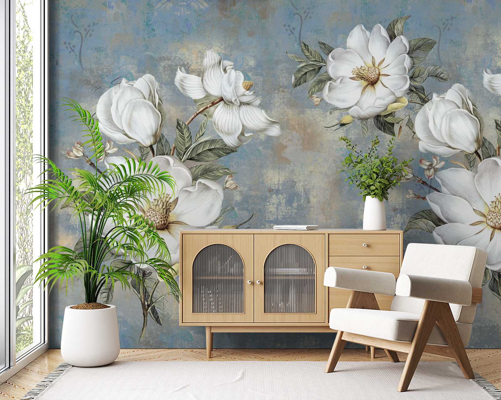 Fotobehang Sneeuwwitte bloemen op een beschilderde betonnen muur