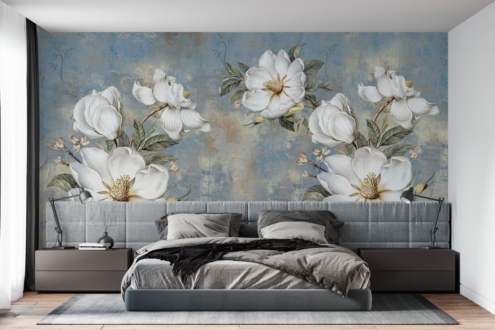 Fotobehang Sneeuwwitte bloemen op een beschilderde betonnen muur