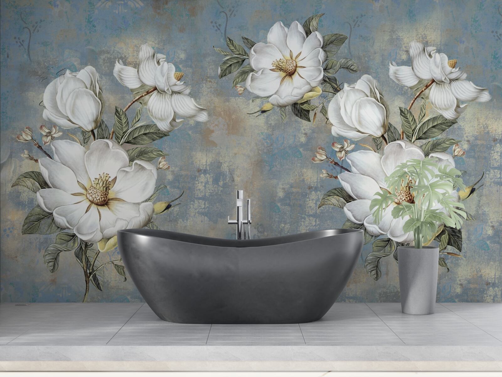 Fotobehang Sneeuwwitte bloemen op een beschilderde betonnen muur