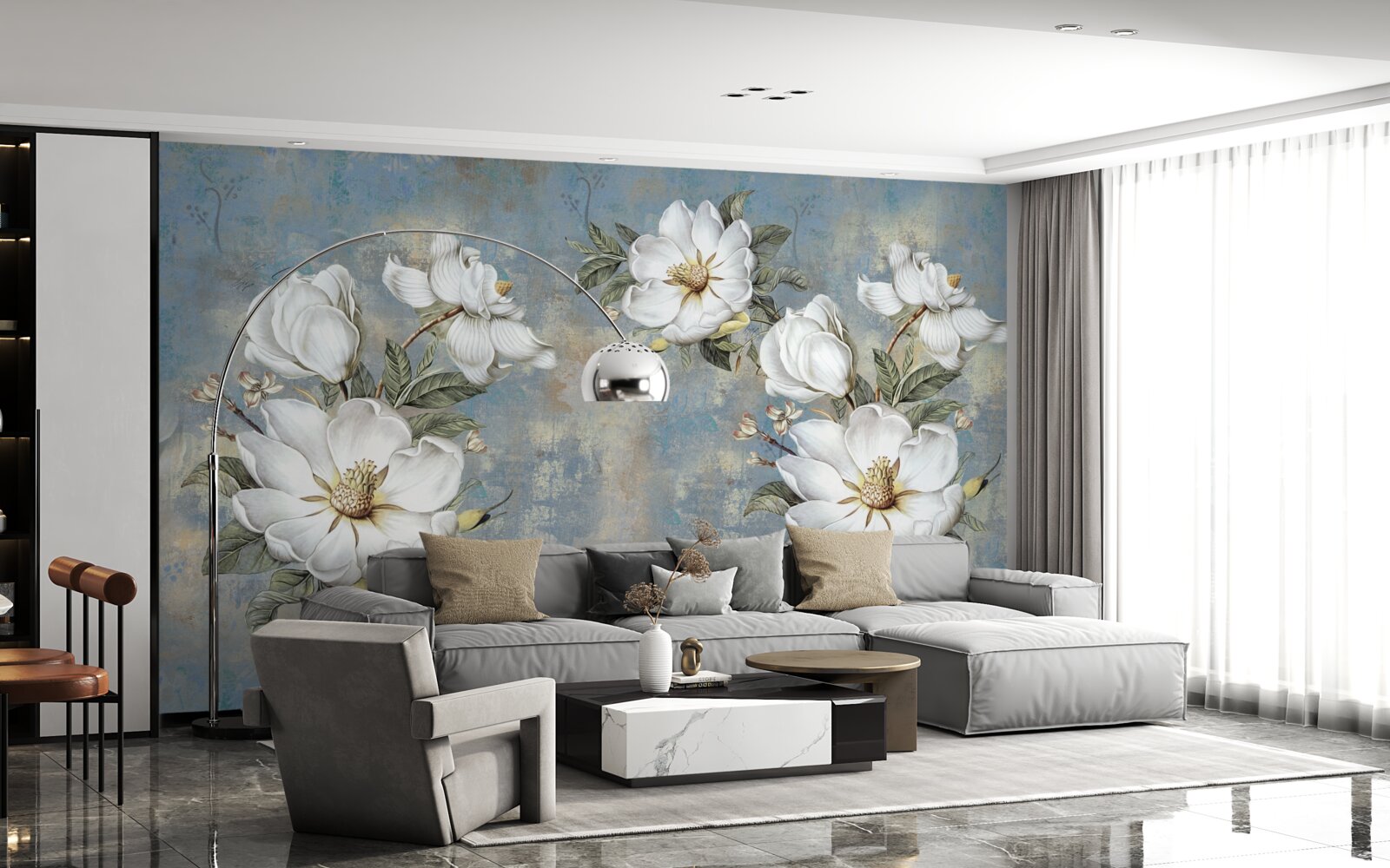 Fotobehang Sneeuwwitte bloemen op een beschilderde betonnen muur