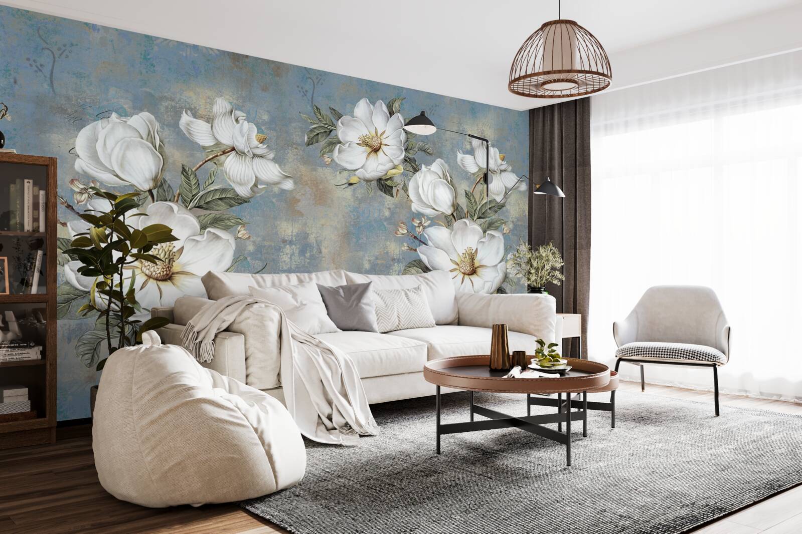 Fotobehang Sneeuwwitte bloemen op een beschilderde betonnen muur