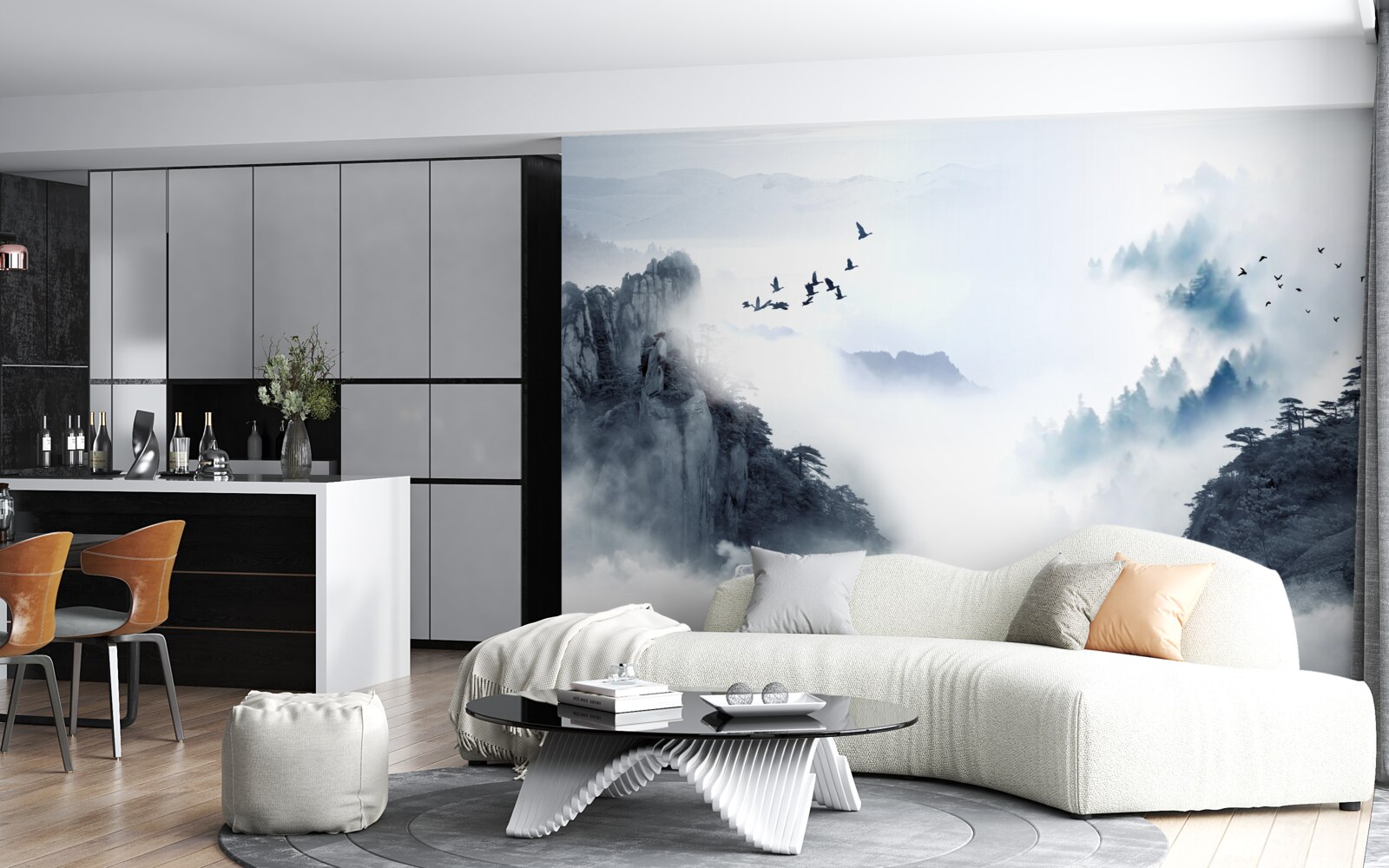 Fotobehang uit angst voor koude mist gaan vogels de hoogte in