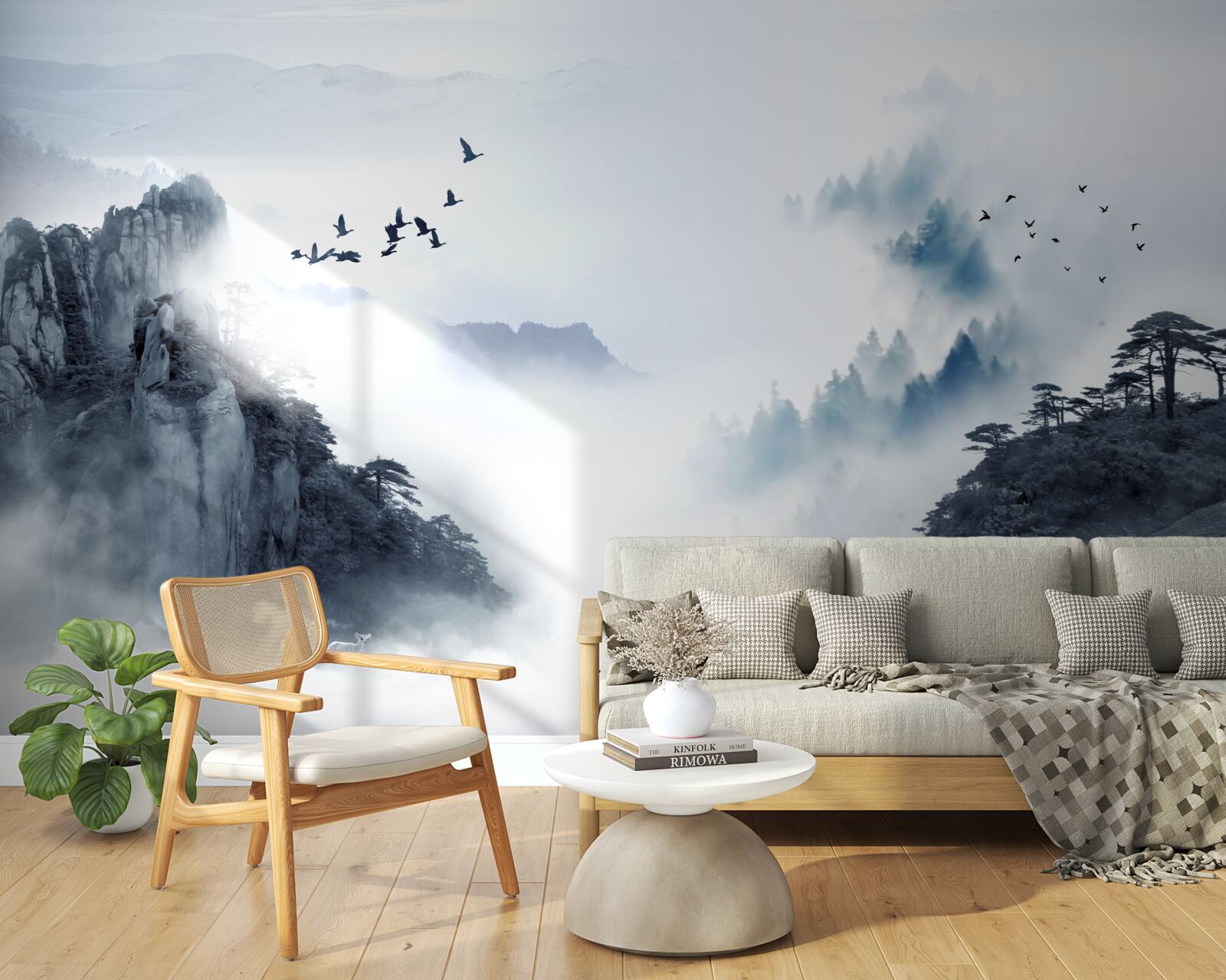 Fotobehang uit angst voor koude mist gaan vogels de hoogte in