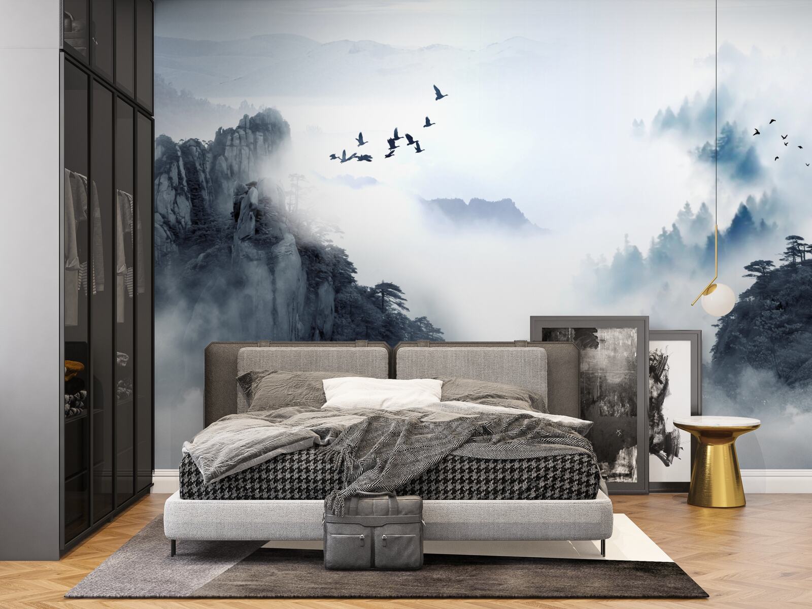 Fotobehang uit angst voor koude mist gaan vogels de hoogte in