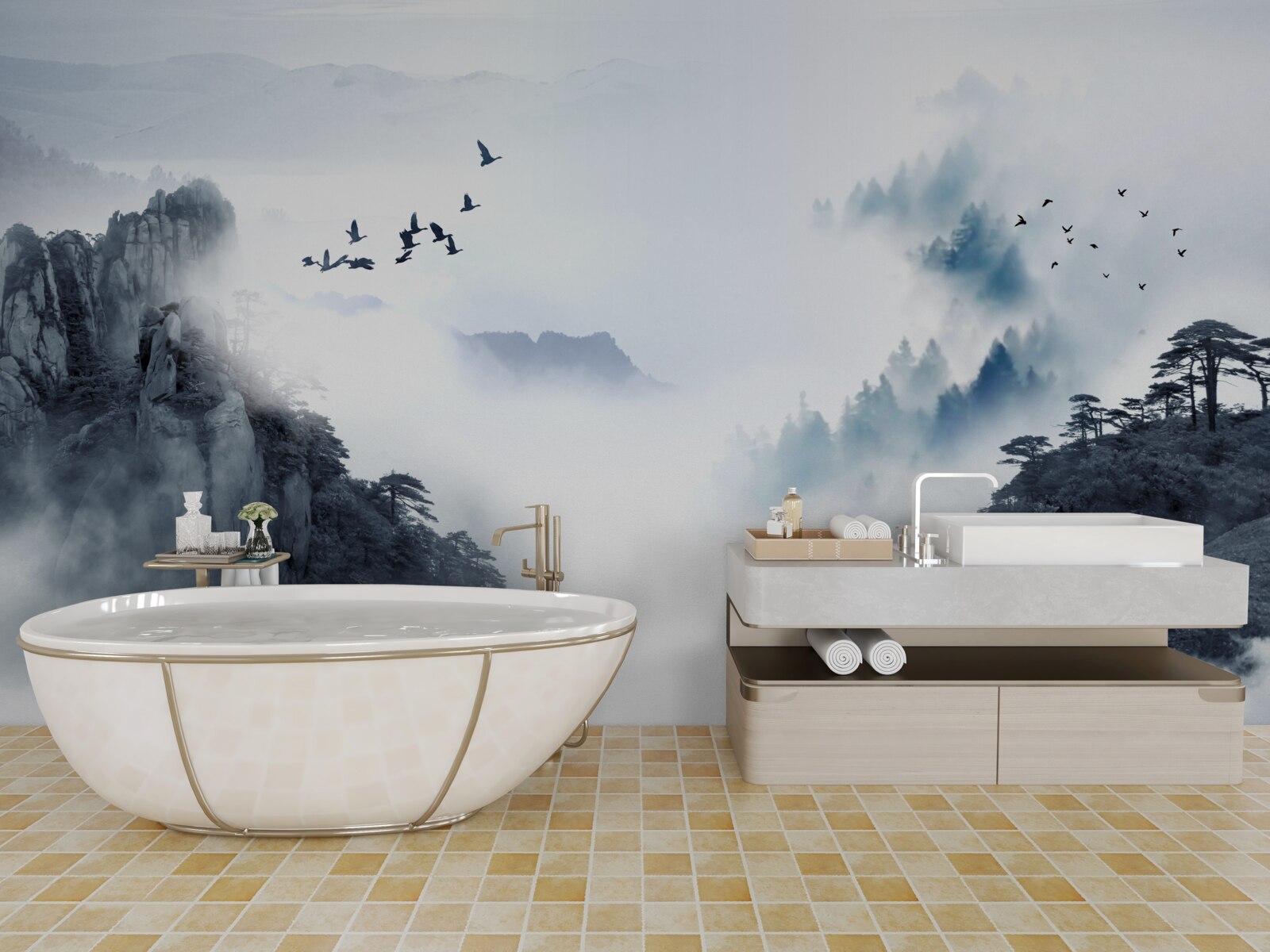 Fotobehang uit angst voor koude mist gaan vogels de hoogte in