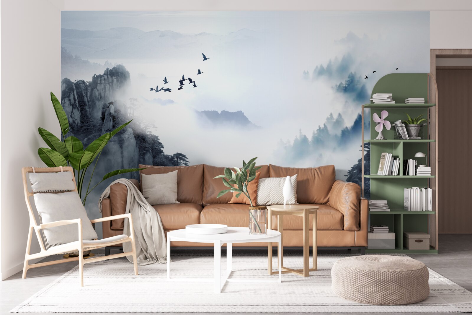 Fotobehang uit angst voor koude mist gaan vogels de hoogte in