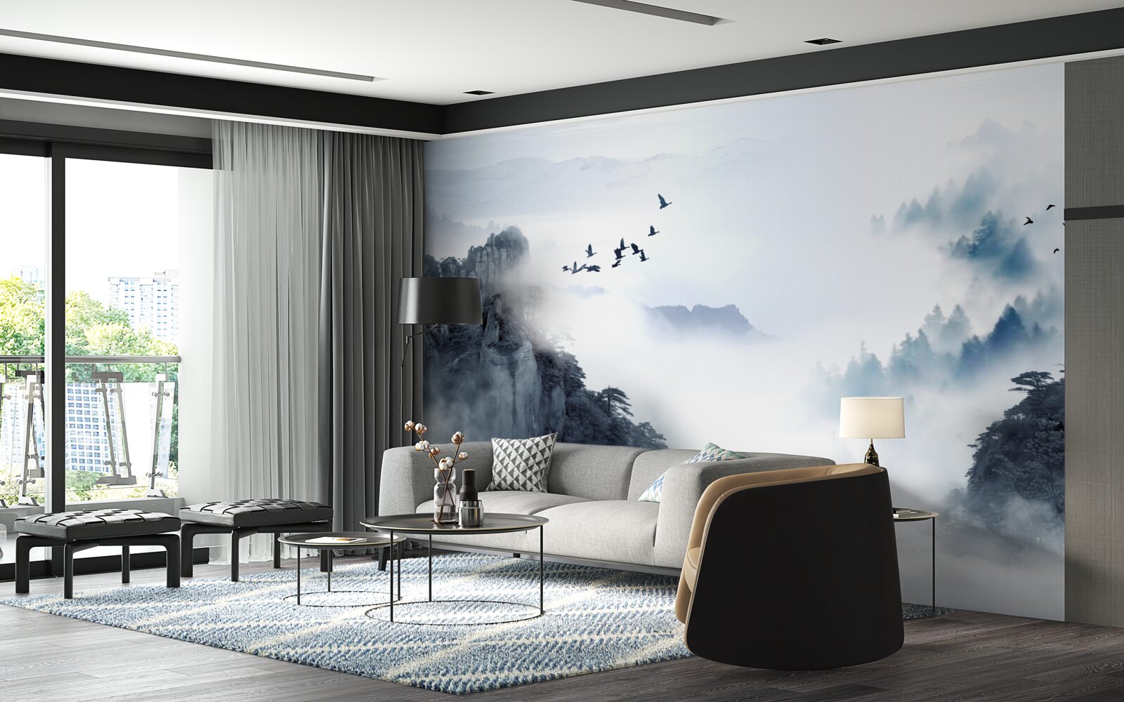 Fotobehang uit angst voor koude mist gaan vogels de hoogte in