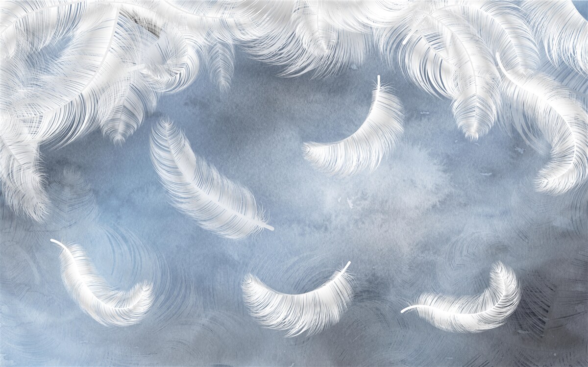 Fotobehang veren vliegen sneeuwwit tegen een blauwe lucht