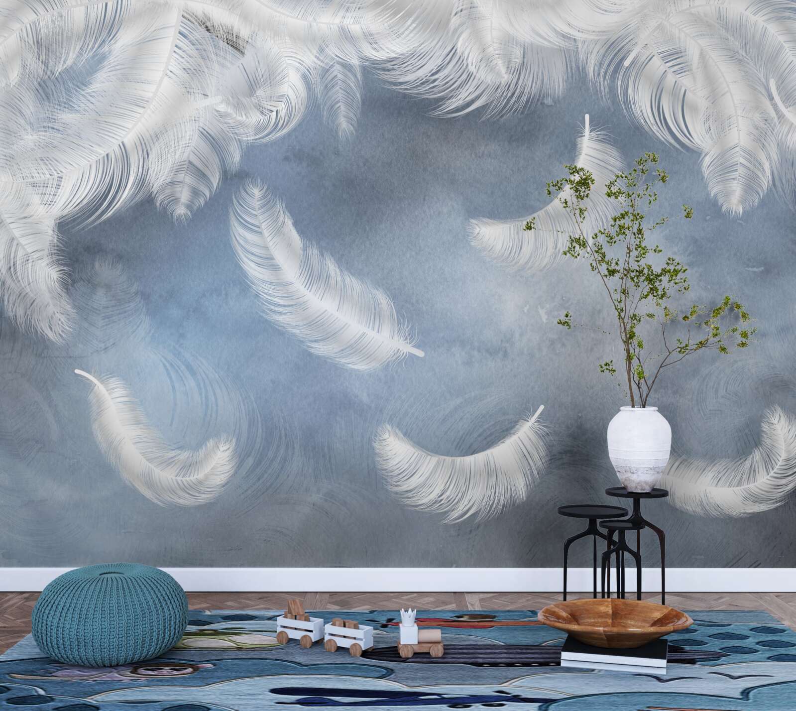 Fotobehang veren vliegen sneeuwwit tegen een blauwe lucht