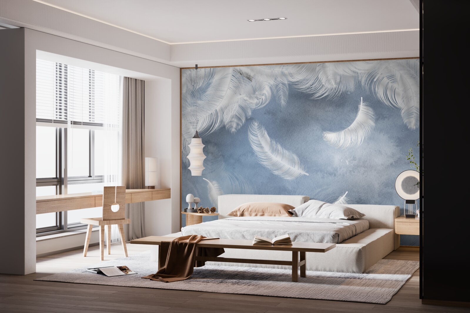 Fotobehang veren vliegen sneeuwwit tegen een blauwe lucht