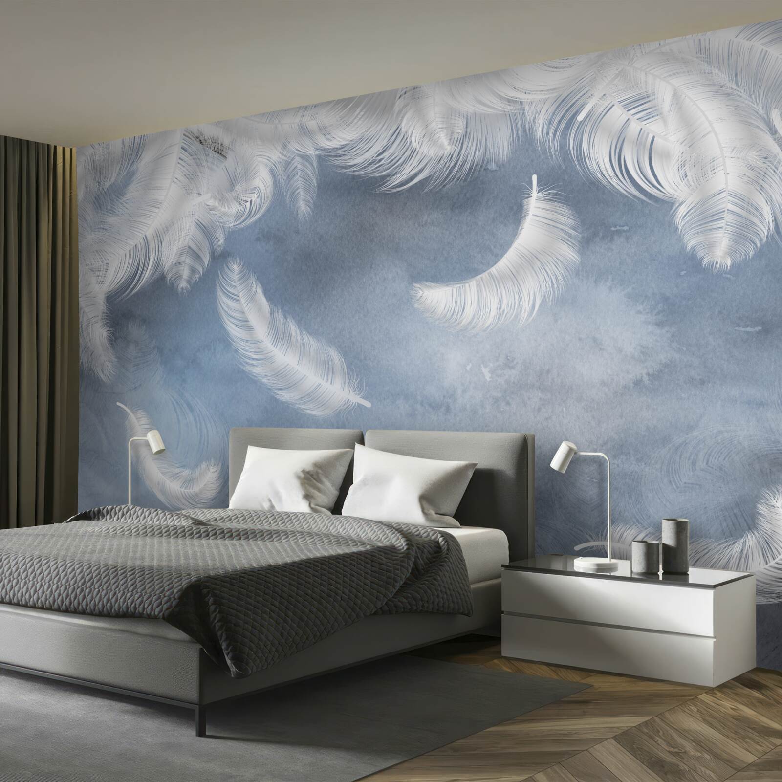 Fotobehang veren vliegen sneeuwwit tegen een blauwe lucht