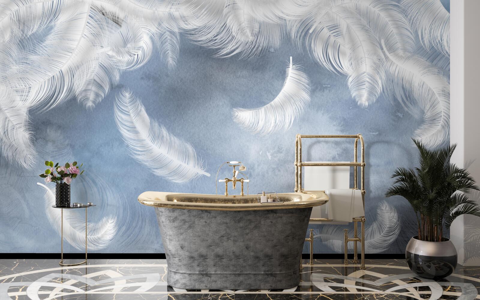 Fotobehang veren vliegen sneeuwwit tegen een blauwe lucht