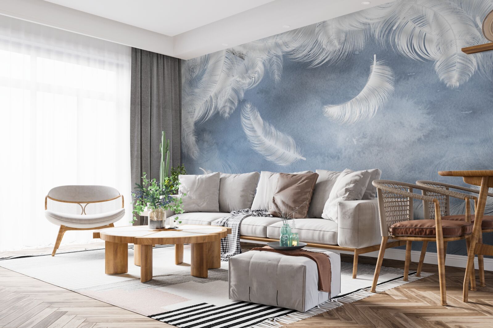 Fotobehang veren vliegen sneeuwwit tegen een blauwe lucht