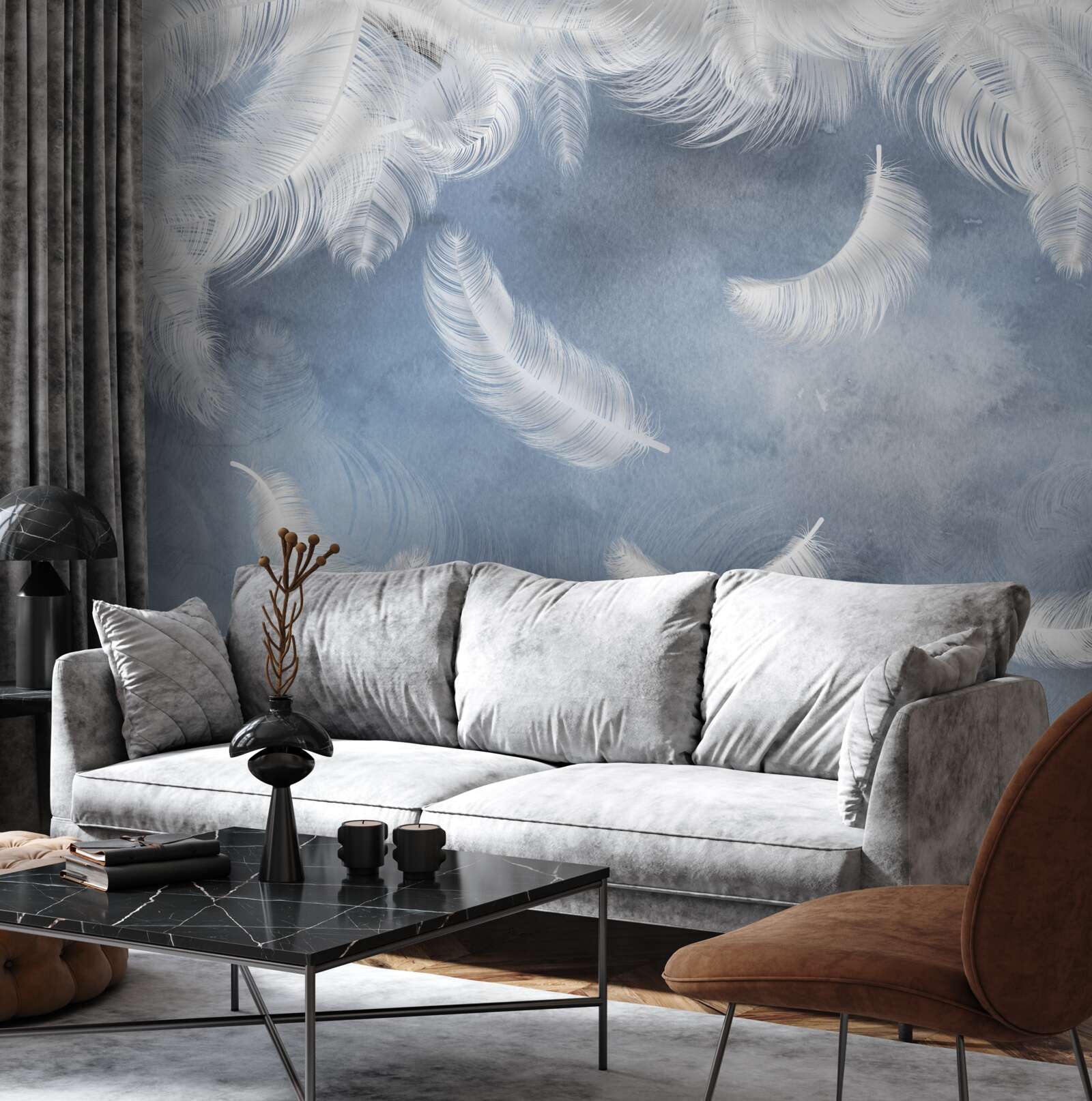 Fotobehang veren vliegen sneeuwwit tegen een blauwe lucht