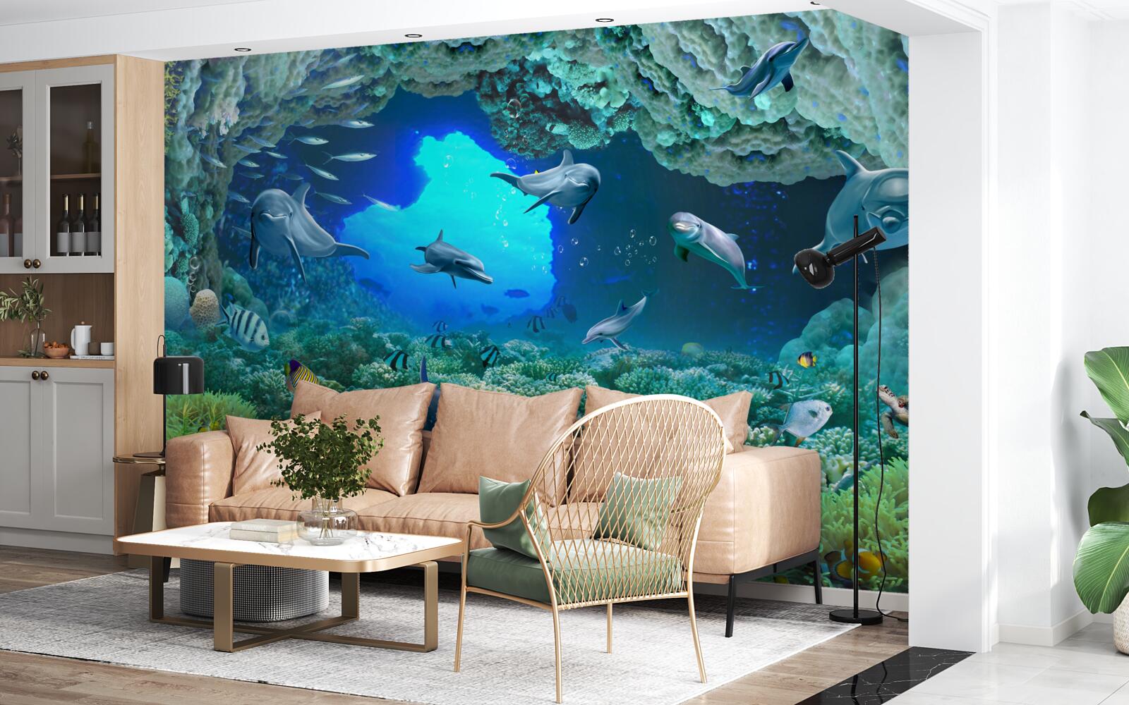 Fotobehang watergrotten worden bewoond door dolfijnen