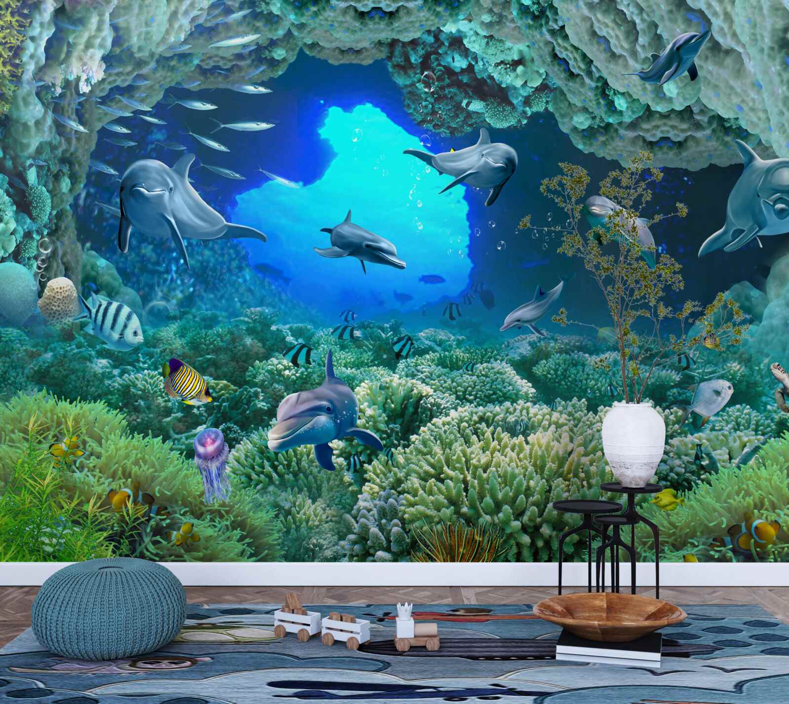 Fotobehang watergrotten worden bewoond door dolfijnen