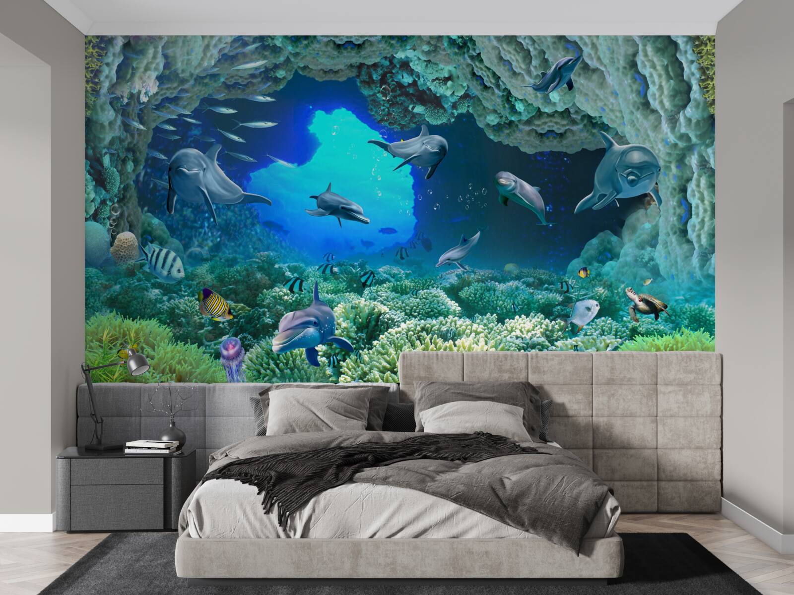 Fotobehang watergrotten worden bewoond door dolfijnen