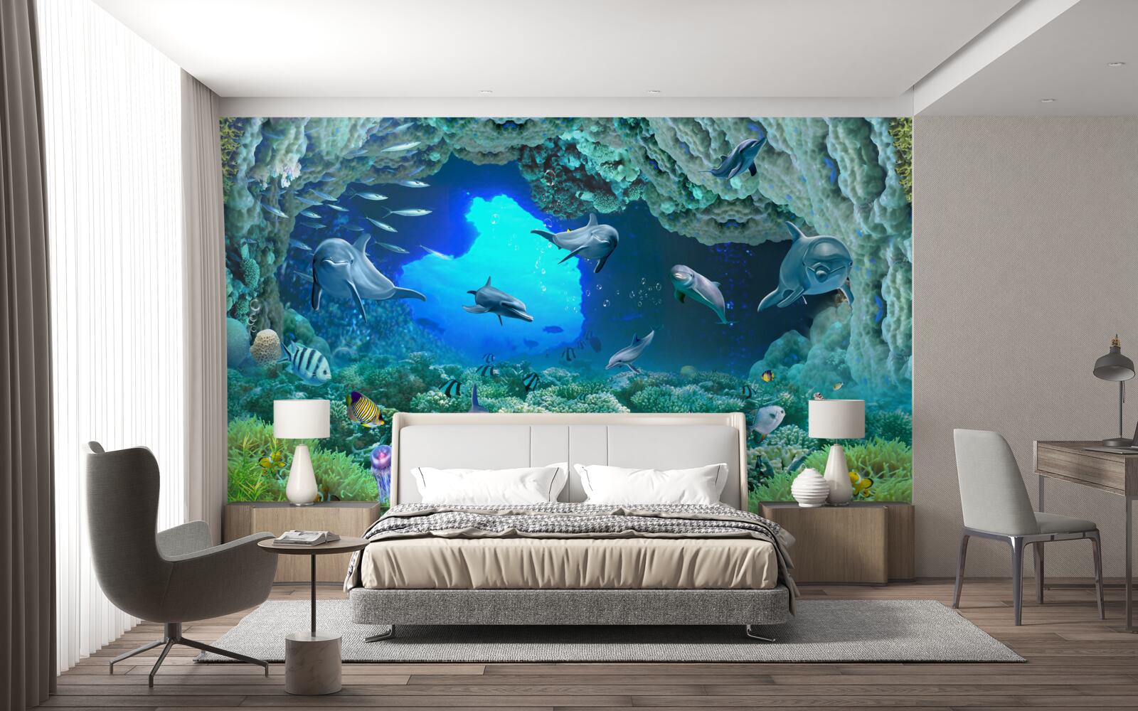 Fotobehang watergrotten worden bewoond door dolfijnen