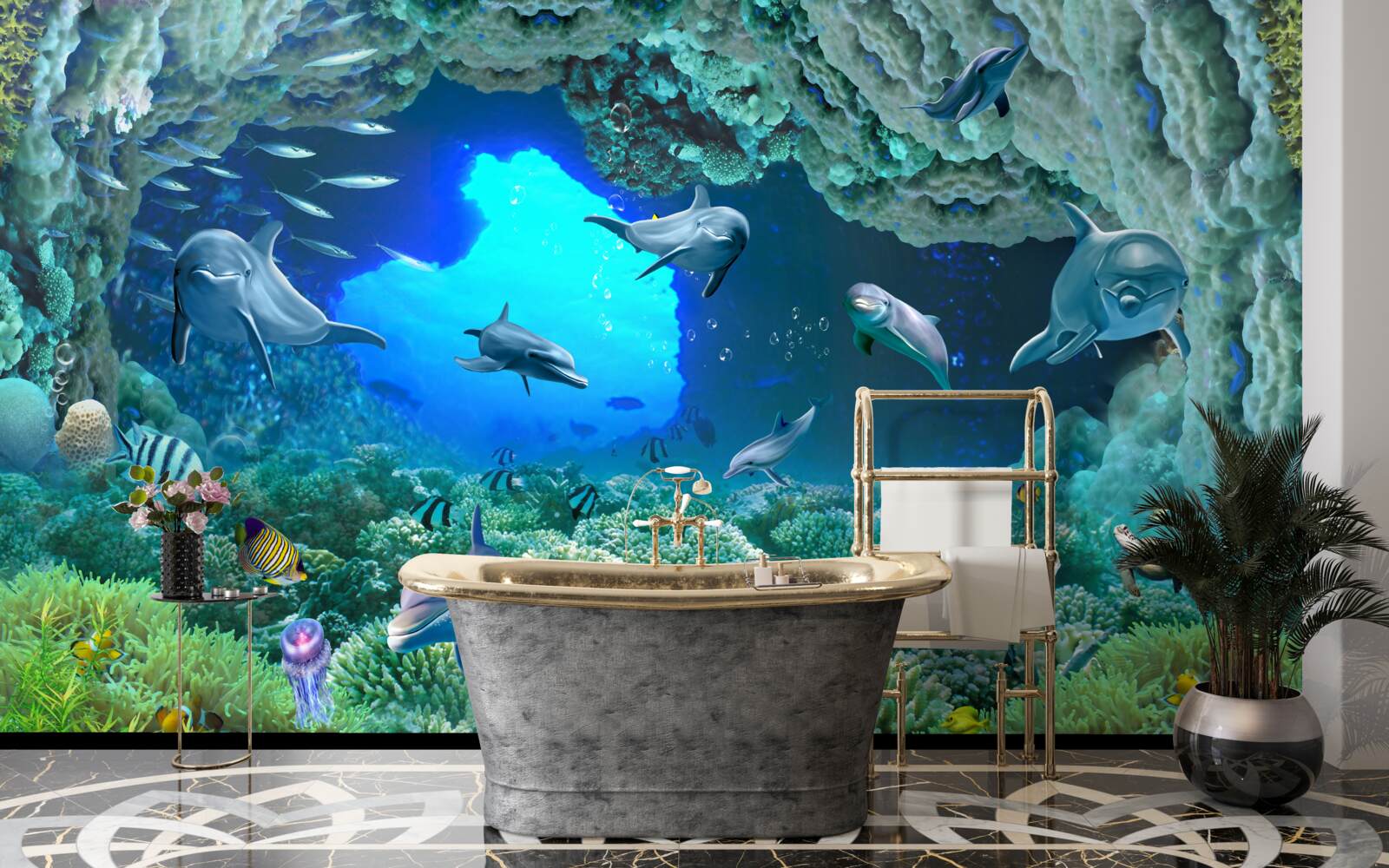 Fotobehang watergrotten worden bewoond door dolfijnen