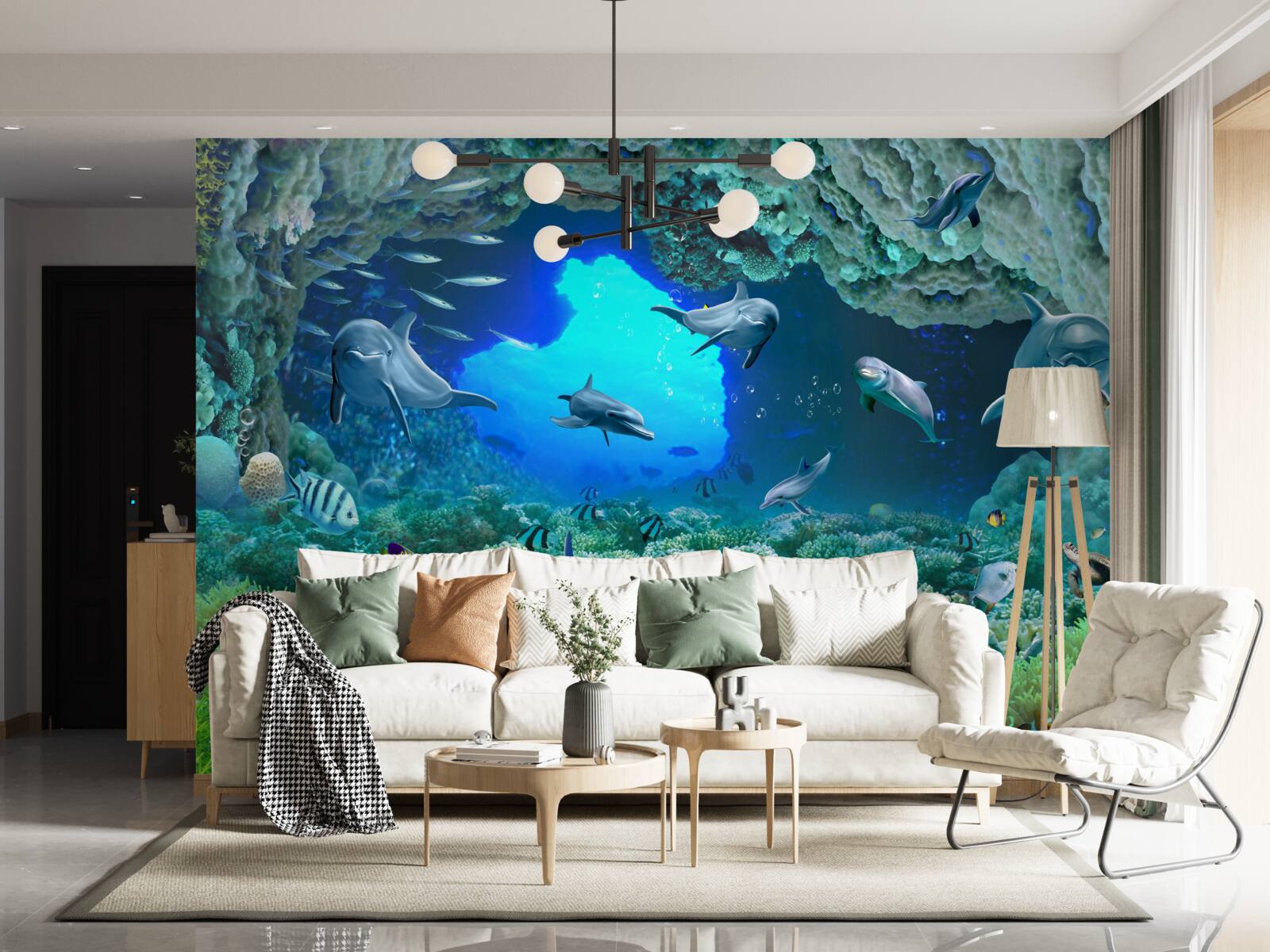 Fotobehang watergrotten worden bewoond door dolfijnen
