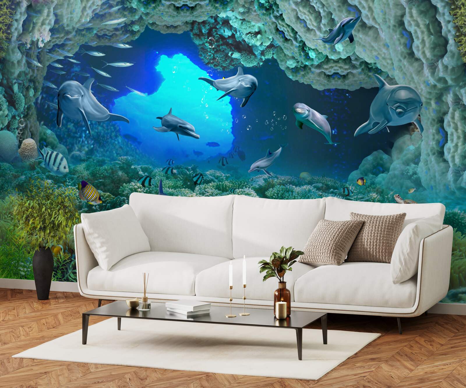 Fotobehang watergrotten worden bewoond door dolfijnen