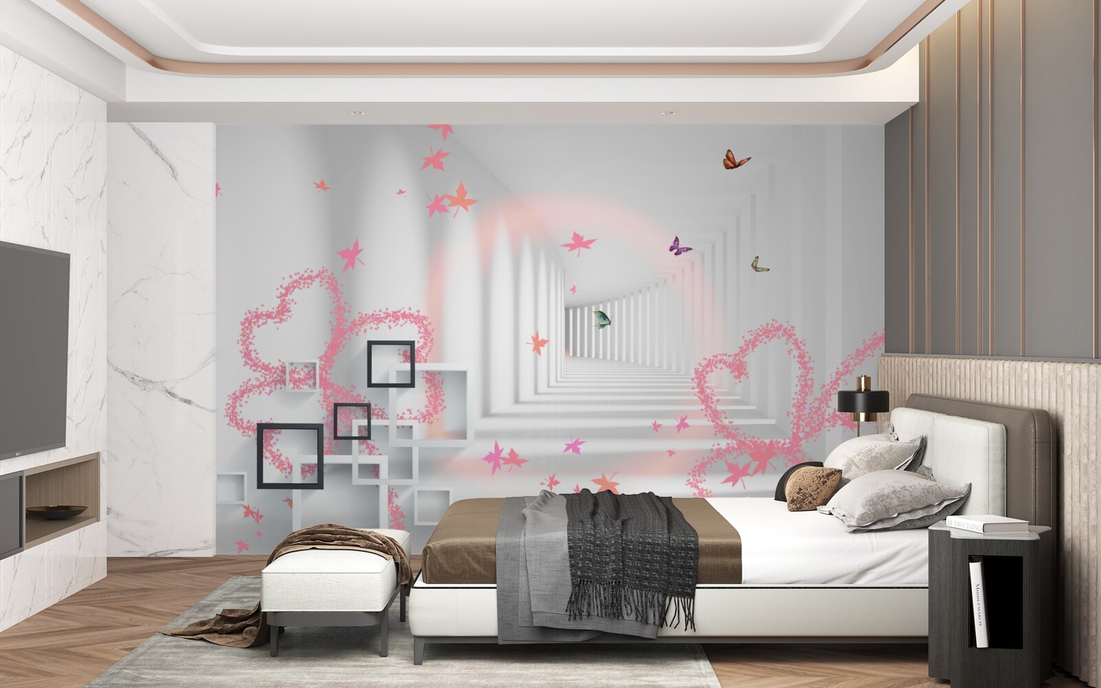 Fotobehang abstracte vlinders in de vorm van roze hartjes