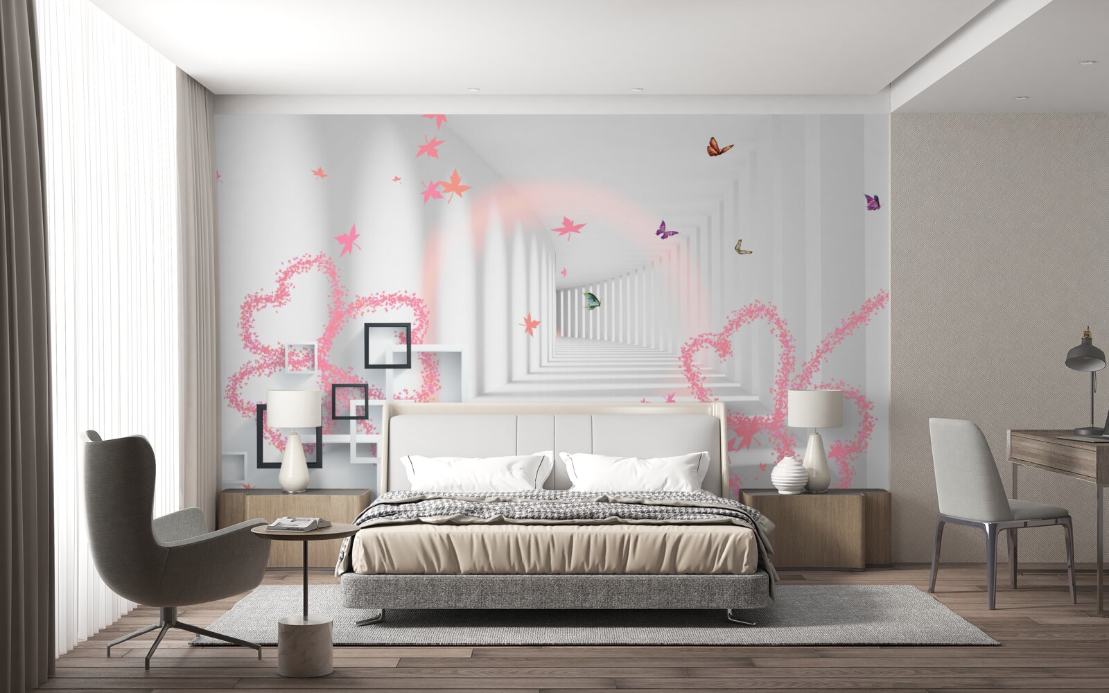 Fotobehang abstracte vlinders in de vorm van roze hartjes