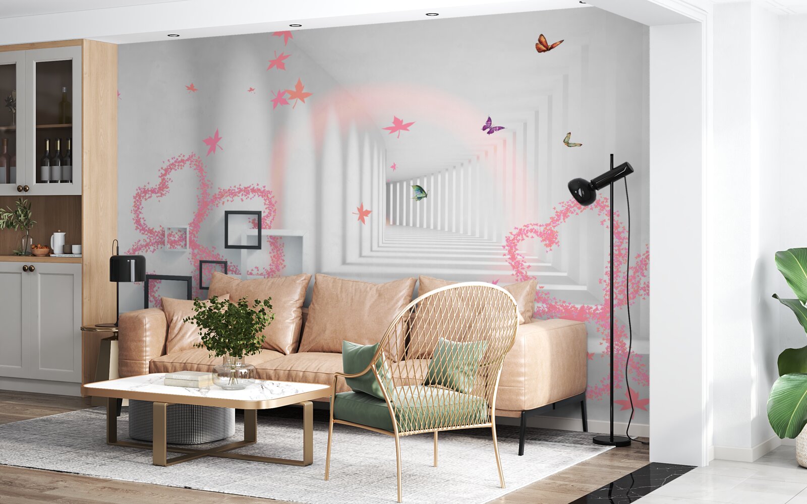 Fotobehang abstracte vlinders in de vorm van roze hartjes